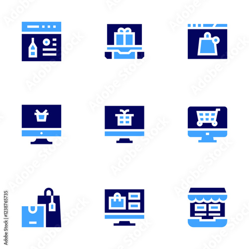 Online shopping icon set. Bold style. Duotone colors. online shopping, shopping bags, wine bottle, shopping, online shop, ecommerce, gift, gift box