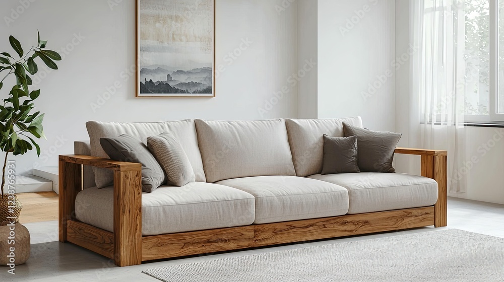 Fototapeta premium Modern Minimalist Sofa with Wooden Frame in Bright and Airy Living Room Setting Comfort balanced organic