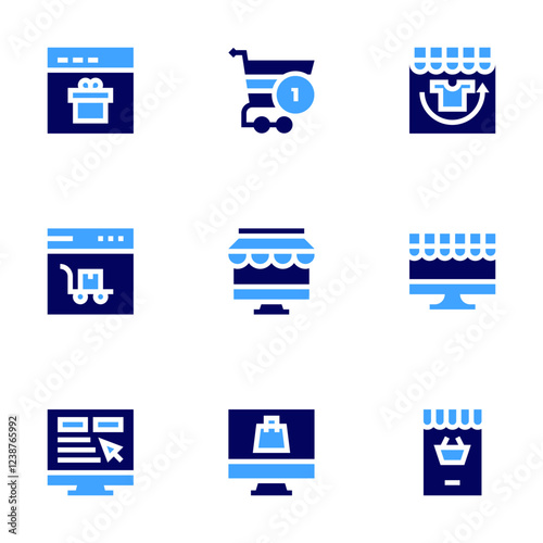Online shopping icon set. Bold style. Duotone colors. shopping cart, online shopping, shopping, e commerce, online shop, virtual reality shopping, browser, add to favorites