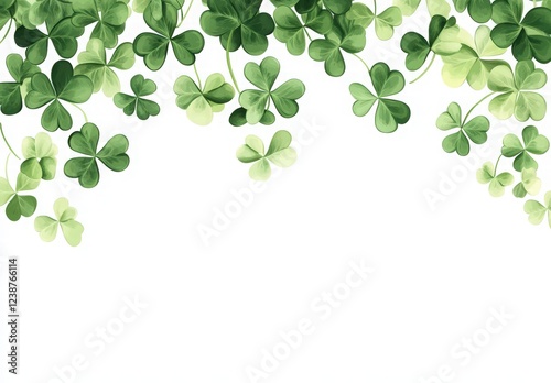 St. Patrick's Day, Happy St. Patrick's Day background with shamrock leaves on a white banner template. Greeting card design for St. Patrick's Day celebration. green clover isolated on a white backdrop