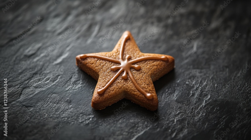 Star-shaped gingerbread cookie with icing on dark slate background Star-shaped gingerbread cookie with icing on dark slate background
