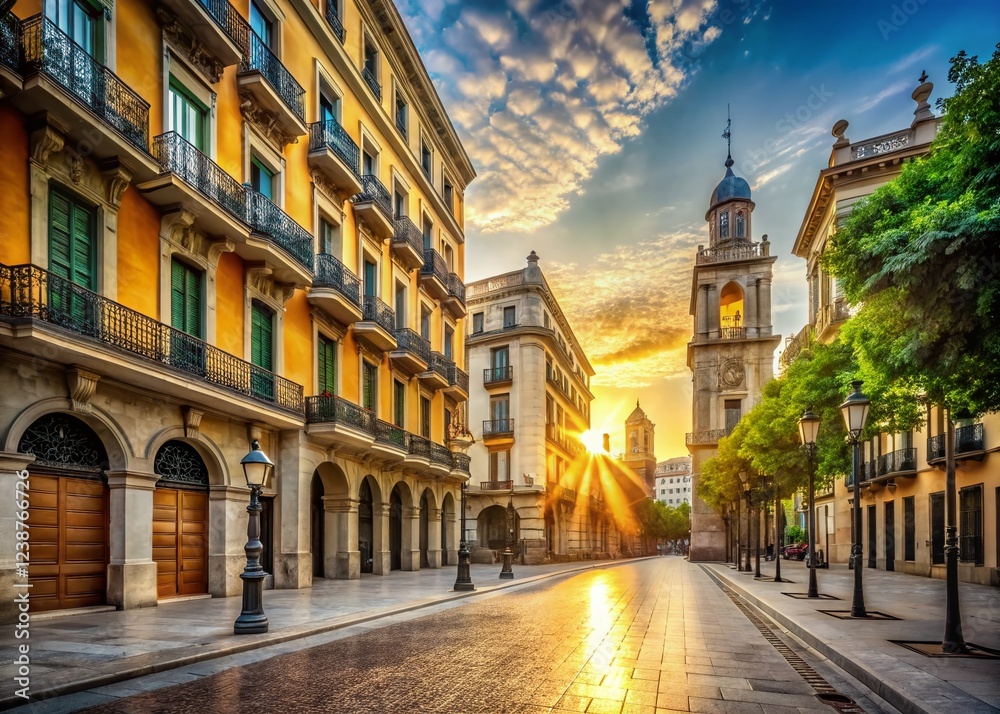 Fototapeta premium Empty Rambla Street, Barcelona, Spain: Historic Building at Dawn - Stock Photo