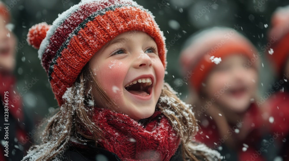Joyful girl laughing in snowy winter scene with red hat and scarf ensemble Joyful girl laughing in snowy winter scene with red hat and scarf ensemble