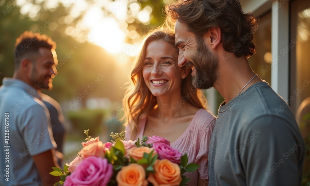 Man holds bouquet of tulips flowers for pretty smiling woman. Concept of womens day or holiday Man holds bouquet of tulips flowers for pretty smiling woman. Concept of womens day or holiday