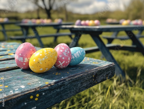 A picnic table adorned with brightly colored Easter eggs, set against a grassy field, ready for a family celebration or festive gathering.