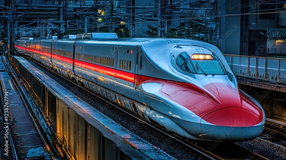 Fototapeta premium Sleek Modern High Speed Train Traveling Through City