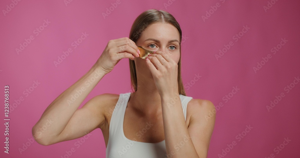 A woman applies patches to her lower eyelids. She is smiling standing on a pink background in the studio A woman applies patches to her lower eyelids. She is smiling standing on a pink background in the studio