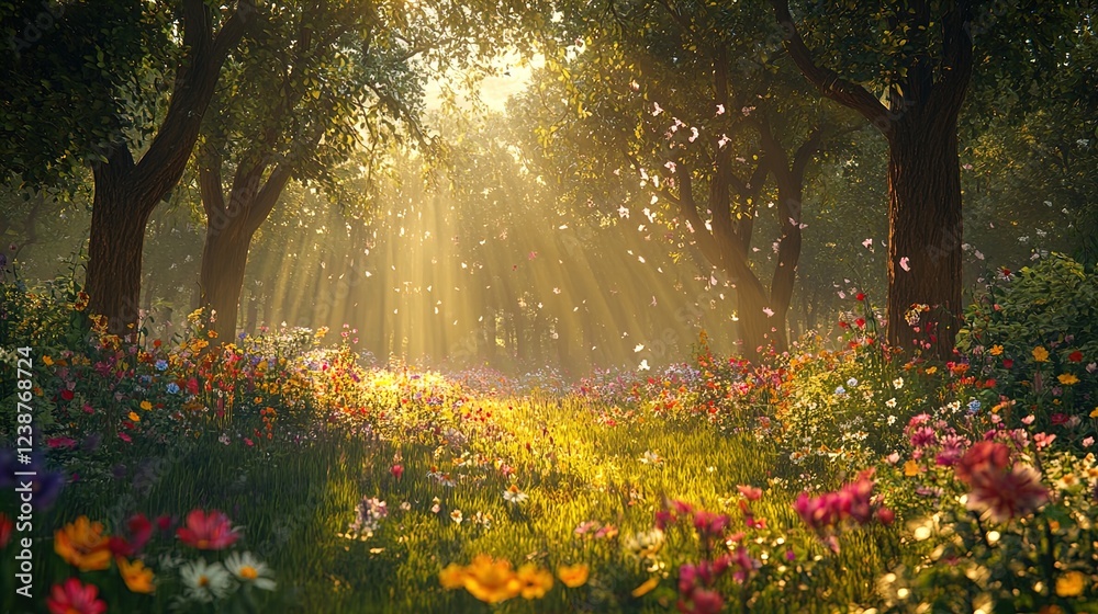 Obraz premium A picturesque scene capturing a serene forest pathway illuminated by soft golden sunlight filtering through the lush green tree canopy. The ground is blanketed with a vibrant array of wildflowers in v