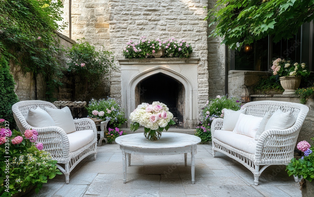 Fototapeta premium A shabby chic courtyard with a vintage stone fireplace, a distressed table holding a bouquet of hydrangeas and roses, white rattan furniture