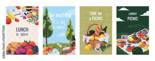 Spring picnic. Summer food basket on blanket, family party background with cartoon snack, grass and lunch. Wicker basket, sweet snack, outdoor dinner. Hand draw isolated vector poster set