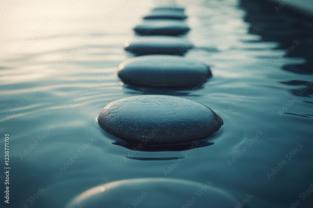 Smooth Stones on Water Surface Creating Serene Pathway Outdoors Smooth Stones on Water Surface Creating Serene Pathway Outdoors
