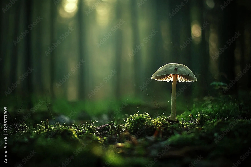 Fototapeta premium Glowing mushroom in a forest at dawn