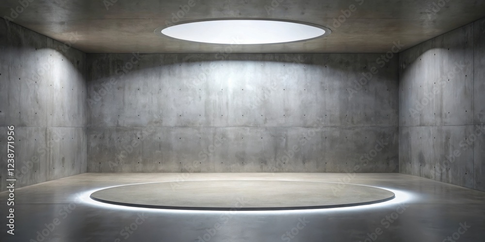 Empty Circular Platform in Minimalist Concrete Room with Subtle Lighting Empty Circular Platform in Minimalist Concrete Room with Subtle Lighting