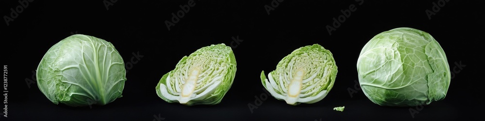 Fototapeta premium Fresh cabbage halves arranged on a dark background