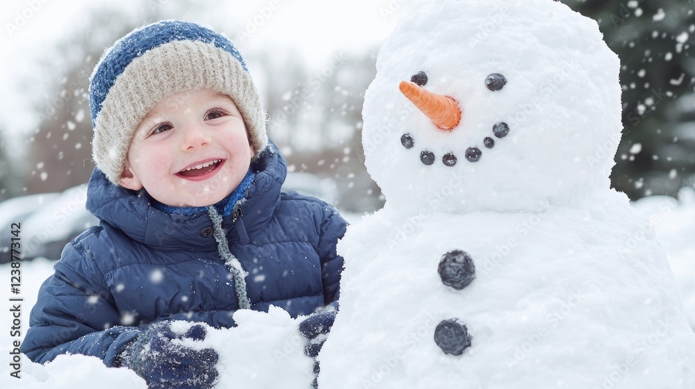 Toddler building snowman snowy day winter fun Toddler building snowman snowy day winter fun