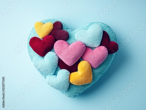 Close-up of plush heart covered in variously colored hearts. photo