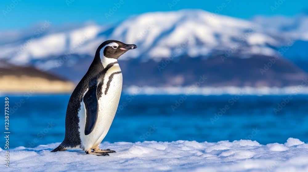 Fototapeta premium A solitary penguin stands on a snowy landscape with majestic mountains and a blue ocean in the background