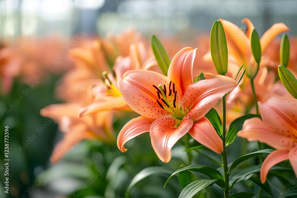 Fototapeta premium Blooming orange lilies in a greenhouse