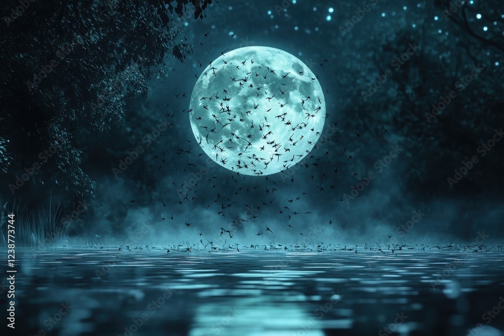 Fototapeta premium Enchanting Moonlit Night with Silhouetted Bats over Calm Water