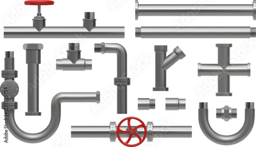 Metal plumbing pipe. 3D steel water tube. Stainless iron plumb or pipeline for fitting gas industry. Taps and valves. Industrial drainage system. Sewerage construction parts vector set