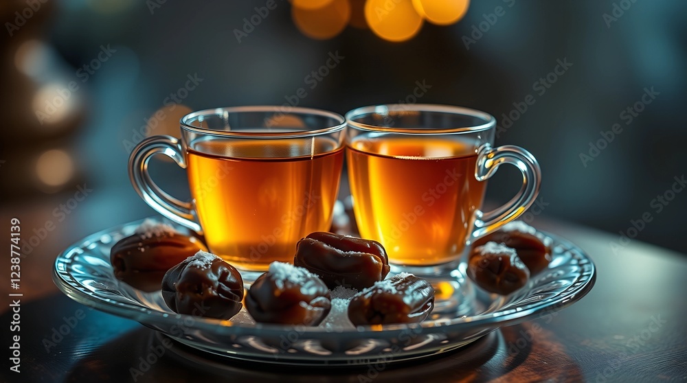Traditional arabic tea with dates and sugar on a plate Traditional arabic tea with dates and sugar on a plate
