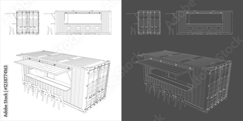 Set 20ft cafe building Cargo Container line drawings. blueprint wireframe from top corner,  side and front side . isolated in transparent background
