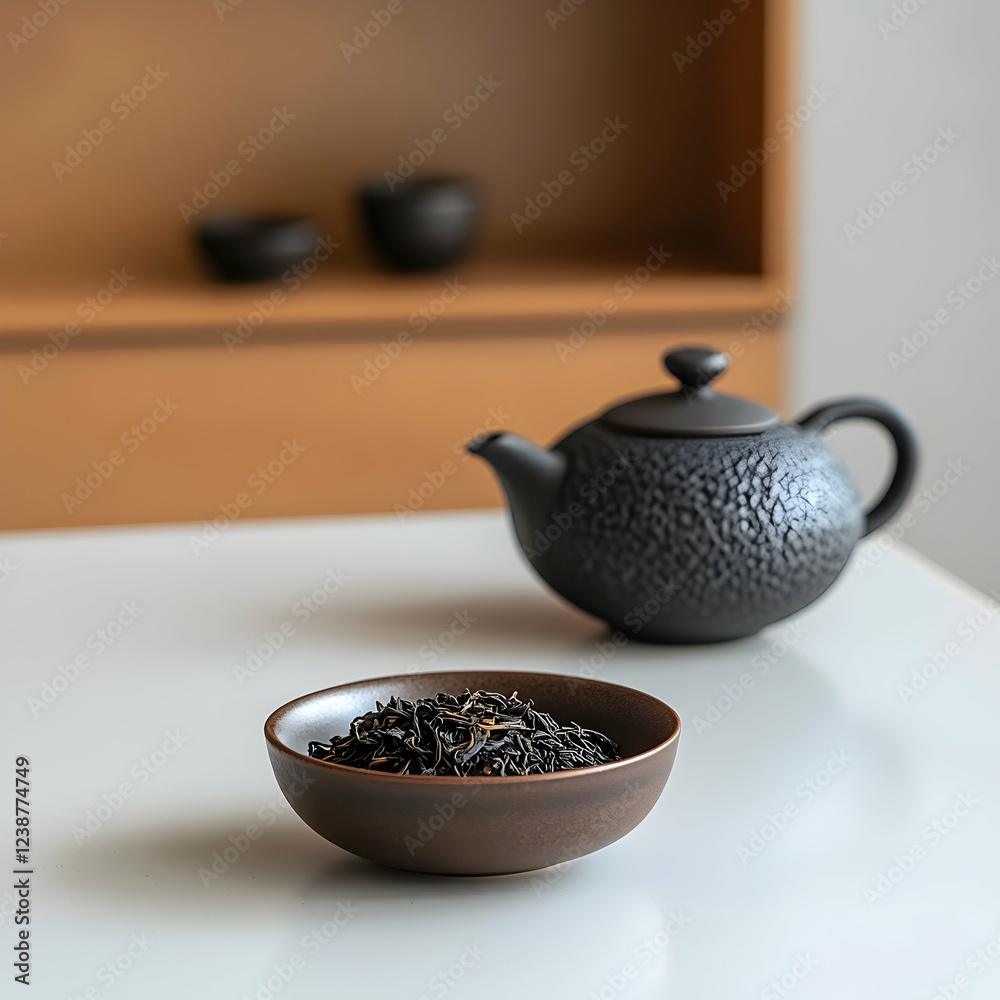 Serene Tea Ceremony: Black Tea Leaves and Elegant Pottery Serene Tea Ceremony: Black Tea Leaves and Elegant Pottery