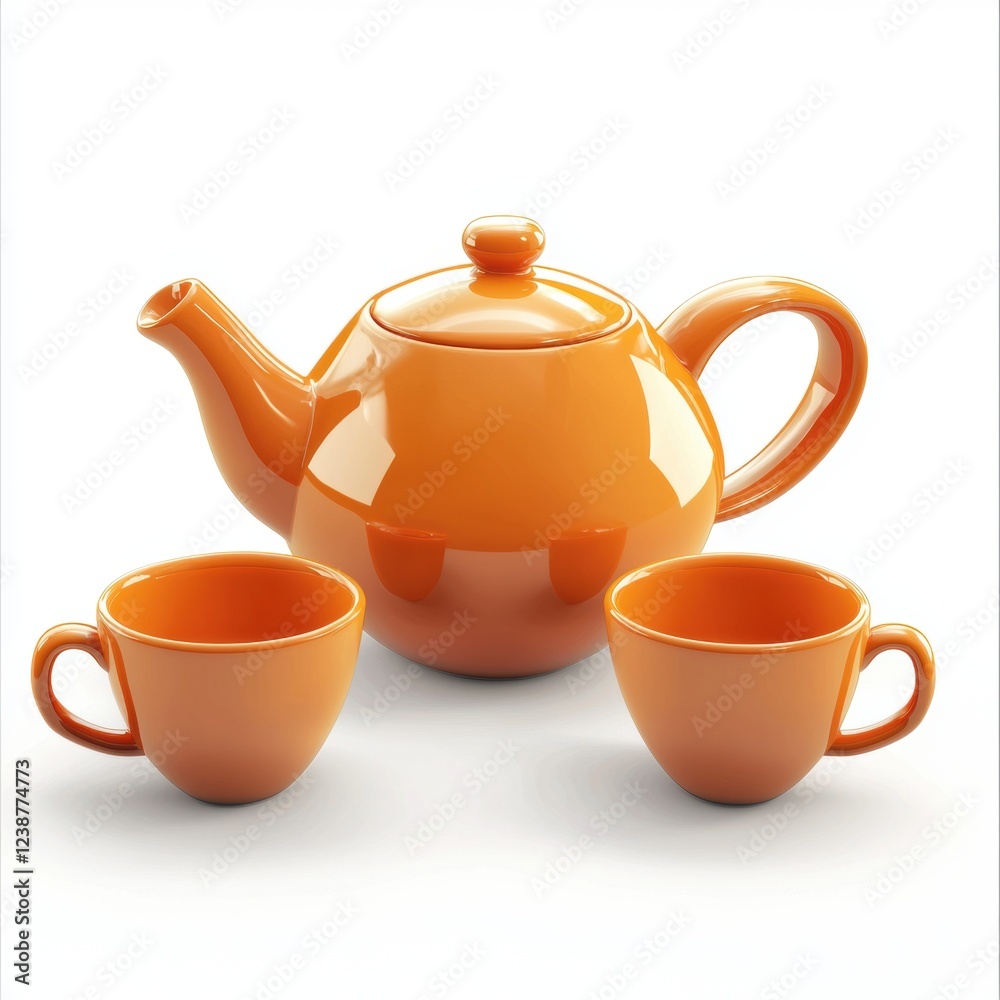 Modern teapot with matching cups, isolated on white background