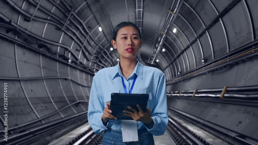 custom made wallpaper toronto digitalAsian Female With Her Tablet In Underground Subway Tunnel, She Observes By Looking Around Before She Come To Concentrating With Her Tablet