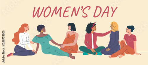 International woman day. Happy arab woman in hijab, group of empowerment and feminism support. Banner design. Celebration sitting girls. Cartoon flat style isolated vector background