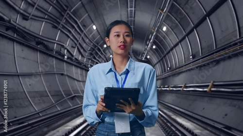 Wallpaper Mural Asian Female With Her Tablet In Underground Subway Tunnel, She Observes By Looking Around Before She Come To Concentrating With Her Tablet Torontodigital.ca