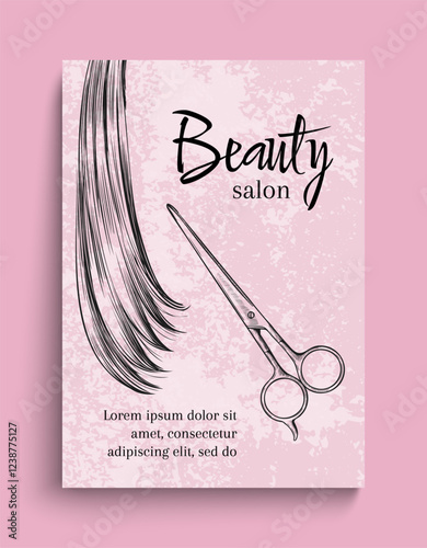 Hair sketch. Hairstyle female salon. Woman braid. Beauty treatment. Stylish hairdo. Cosmetic service. Marketing promotion flyer engraving design. Vector hairdressing banner template