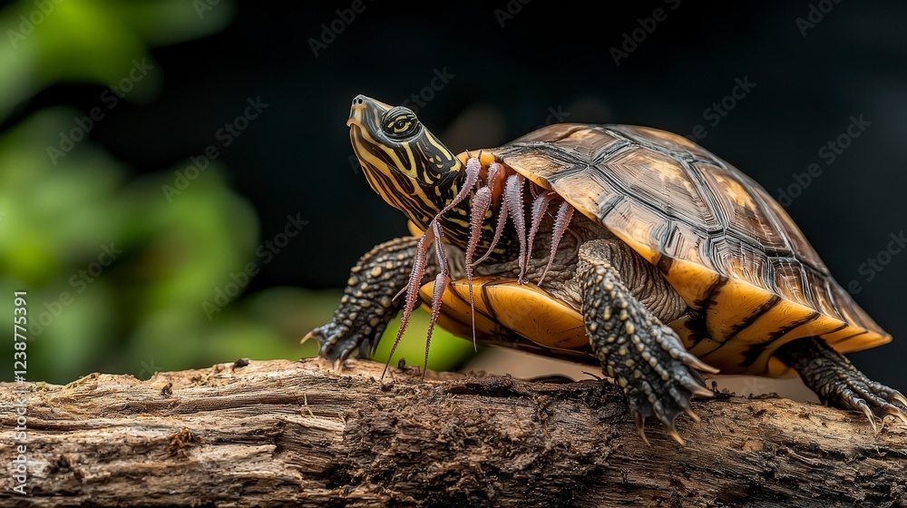 Macro view of parasitic leeches on turtle shell intricate wildlife relationships in aquatic environments Macro view of parasitic leeches on turtle shell intricate wildlife relationships in aquatic environments