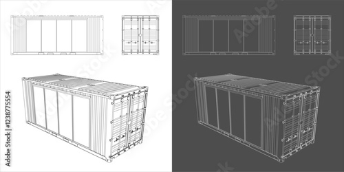 Shipping Container Office Technical Line Drawing 20ft – Vector Blueprint Illustration