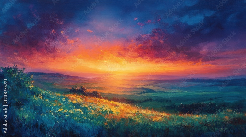 Naklejka premium Vibrant sunset over rolling hills with dramatic sky and lush greenery