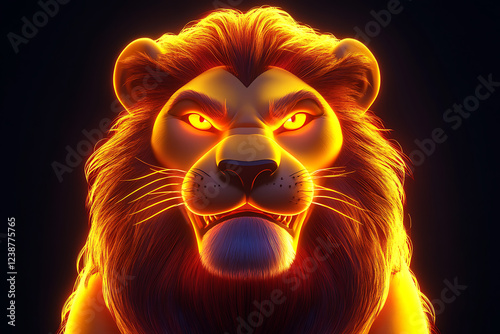 illustration of an abstract, neon lion in pop art style on a black background, a lion, lion, scary lion, neon, black background, dark background, 3d rendering photo