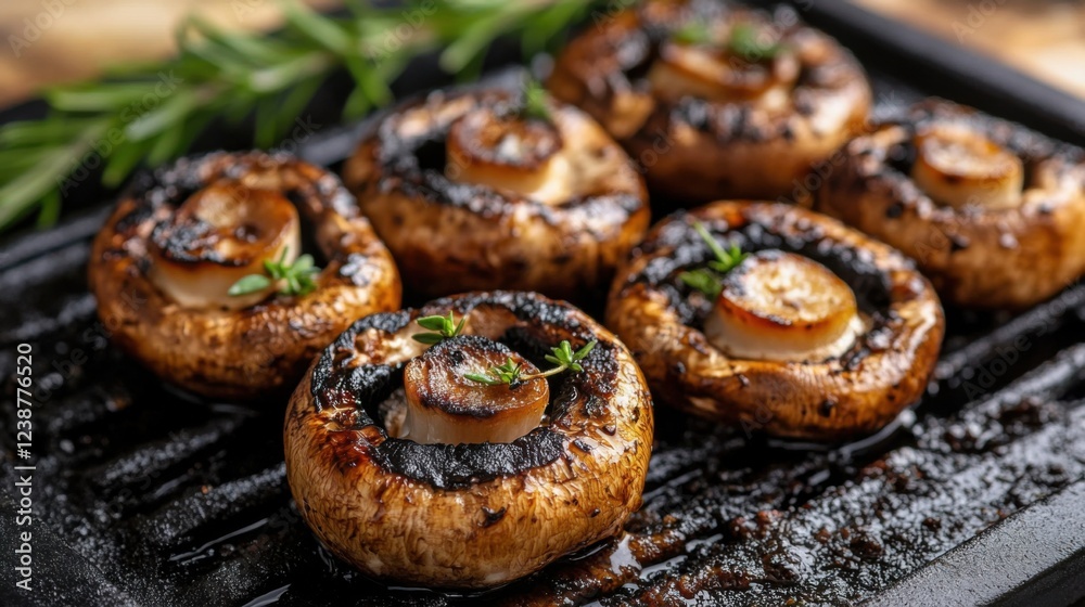 Grilled portobello mushrooms with garlic and herbs on a black grill pan with garnish Grilled portobello mushrooms with garlic and herbs on a black grill pan with garnish