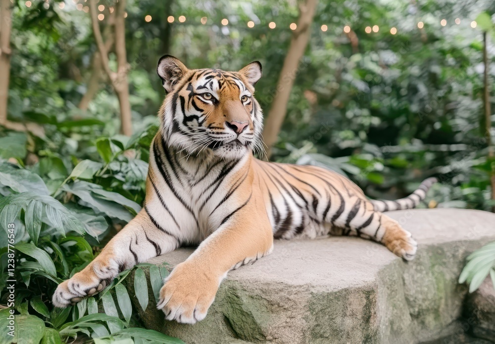 Obraz premium Majestic Tiger Relaxing on a Stone in a Lush Green Environment