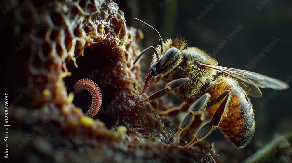 Fototapeta premium Exploring invasive parasitic worms in honeybee nests a closeup study of pollinator habitats and ecosystems
