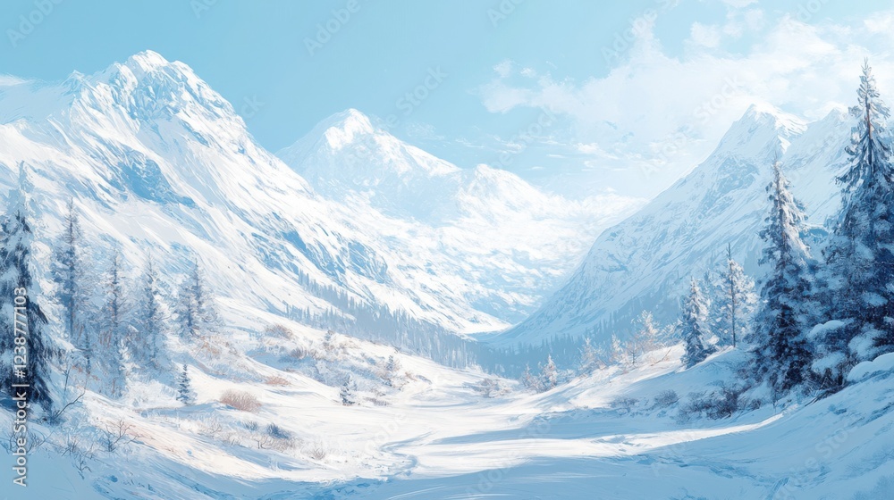 Snow-covered mountains and pine trees under clear blue sky in serene winter landscape Snow-covered mountains and pine trees under clear blue sky in serene winter landscape