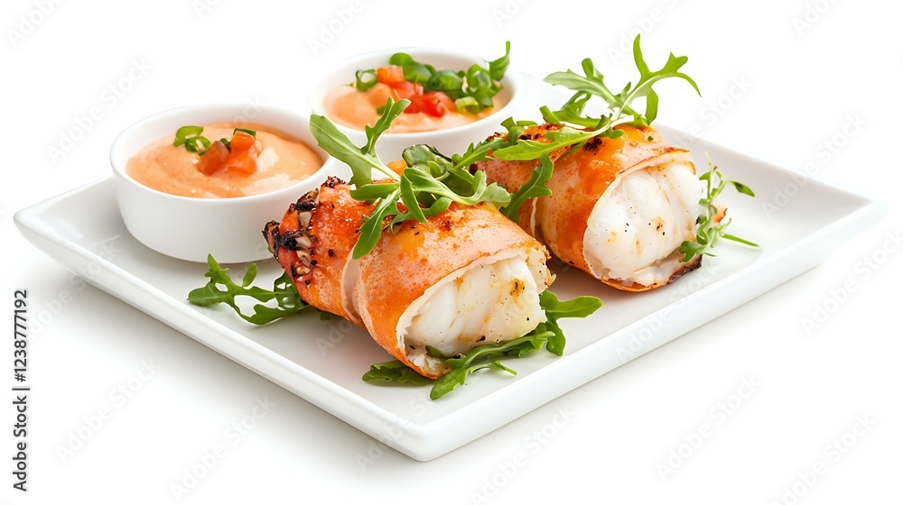 Delicious Seafood Dish with Grilled Fish Wrapped in Bacon and Accompaniments on White Plate Claw diet gourmet Delicious Seafood Dish with Grilled Fish Wrapped in Bacon and Accompaniments on White Plate Claw diet gourmet