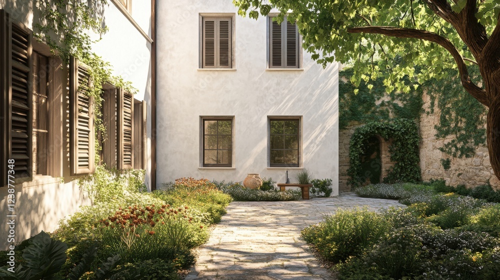 Charming sunlit courtyard with lush greenery and rustic architecture Charming sunlit courtyard with lush greenery and rustic architecture