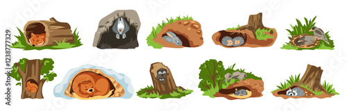 Animal den. Nature creatures sleep in burrows. Cute forest hollow trees. Bat and hedgehog in holes. Fox home or owl nest. Squirrel, rabbit or mouse dream in shelters. Vector cartoon set
