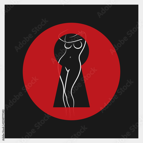 Beautiful naked girl. Naked pinup woman in keyhole. Peeped through the keyhole. Erotic vector Illustration