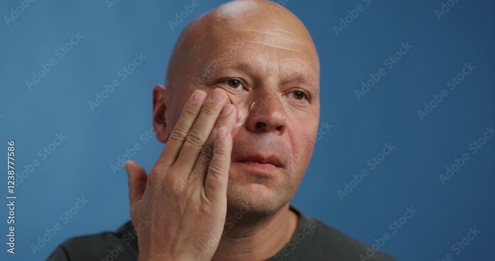 Fototapeta premium A bald man applies a cosmetic cream to his face. Studio video. Close-up of his face
