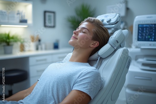 Teenager relaxes in medical chair  clinic background  healthcare
