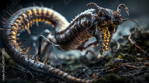 Closeup of taenia solium pork tapeworm underworld environment macro photography biological study dark background