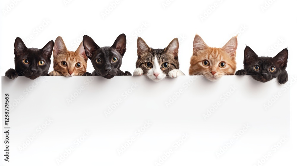 Fototapeta premium cats peek out from behind a white banner