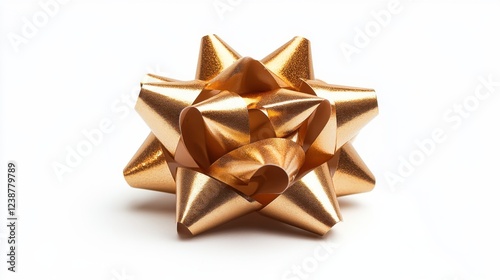 Shiny gold gift bow with reflective ribbon on white background