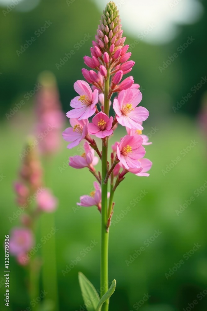 Pastel pink flowers in clusters on a tall stem, kidney vetch, delicate blooms, greenery Pastel pink flowers in clusters on a tall stem, kidney vetch, delicate blooms, greenery
